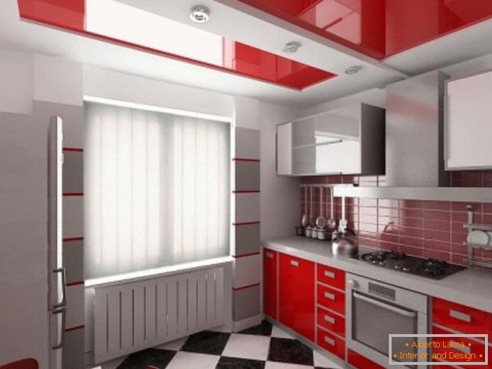 Red stretch ceilings - a good choice for the kitchen with a scarlet set.