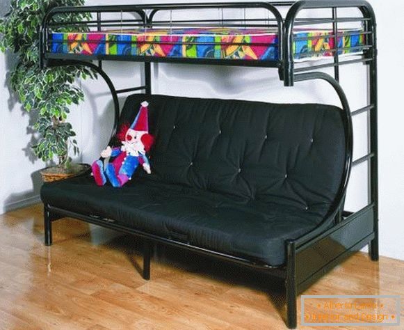 Black loft bed with sofa in the interior