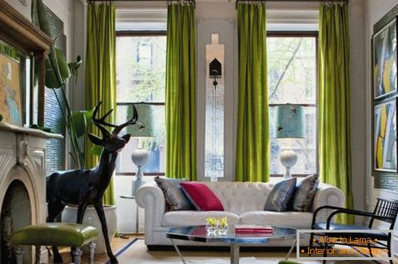 Bright green curtains in the design of the living room