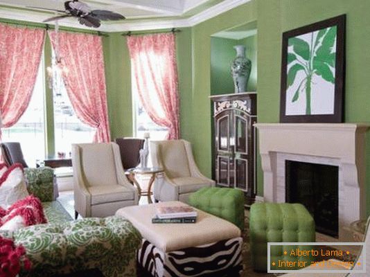 Living room in green and pink color