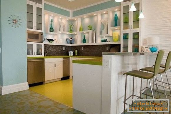What does blue color match in the interior of modern kitchen