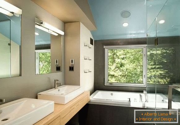 What color is combined with the blue in the bathroom interior photo