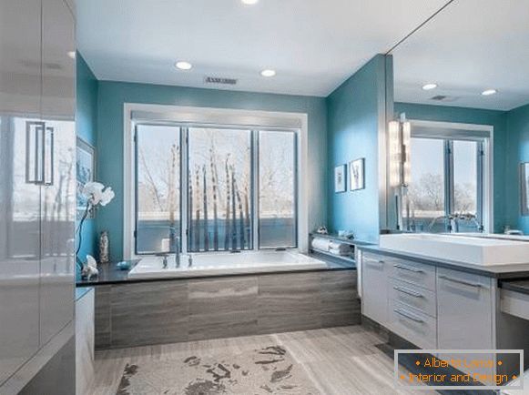 Bathroom interior in blue and gray colors photo