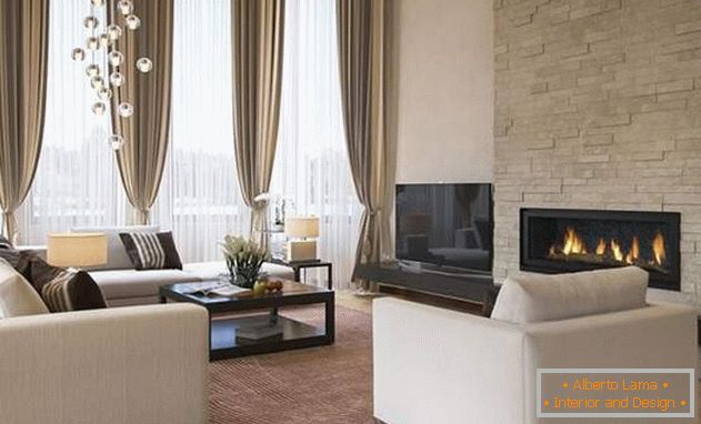 Classic design of a country house inside - a photo of a living room with a fireplace