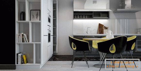 Yellow accents in the interior of the gray kitchen