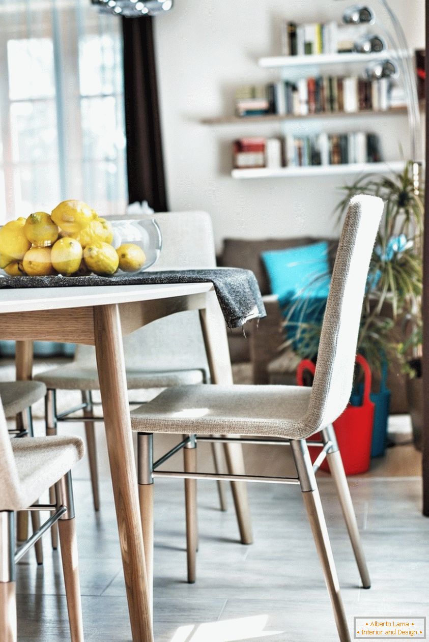 Interior design of the dining room, table with lemons