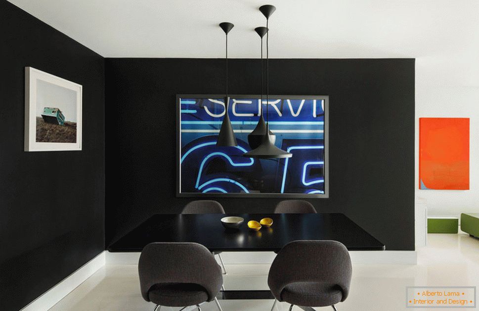 Black walls in the dining area