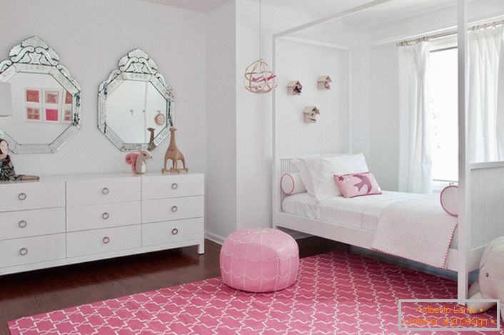 Classic white and pink decoration of the room of a small fashionista.