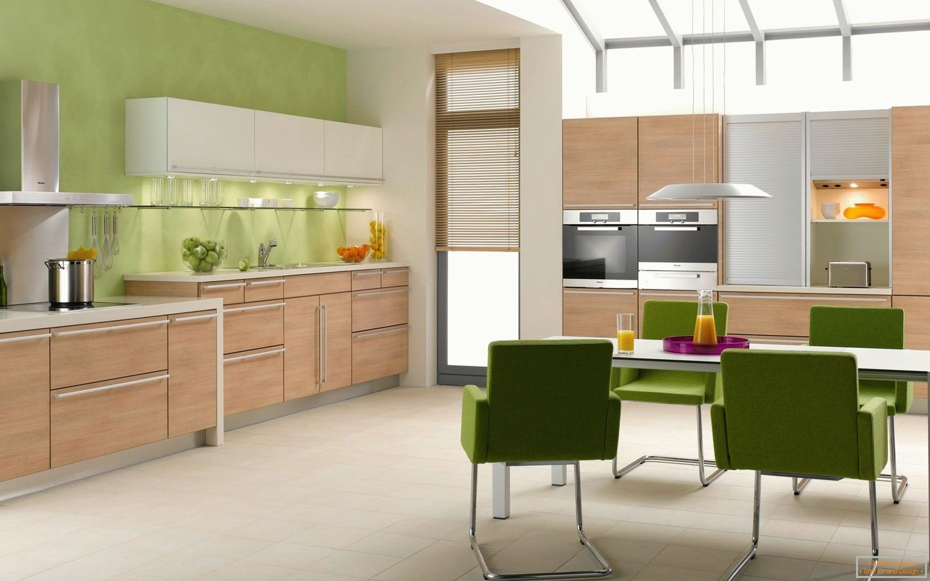 Wooden kitchen on a green background