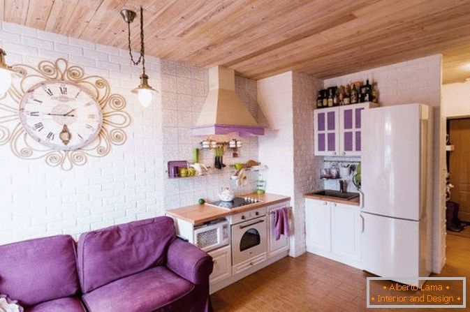 Purple accents in the interior of studio apartments