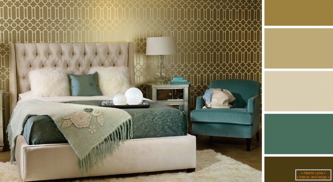 Wall decoration in the bedroom with wallpaper in gold tones