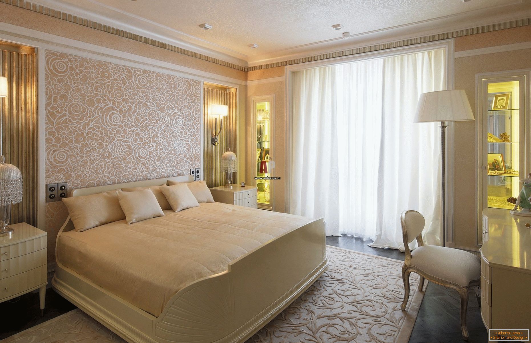 Peach and gold shades in the design of the bedroom
