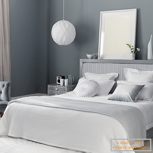 Gray bedroom with hanging paper shade