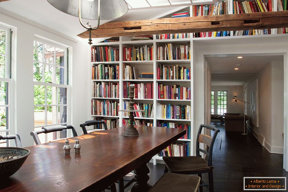 Book shelving in the dining room