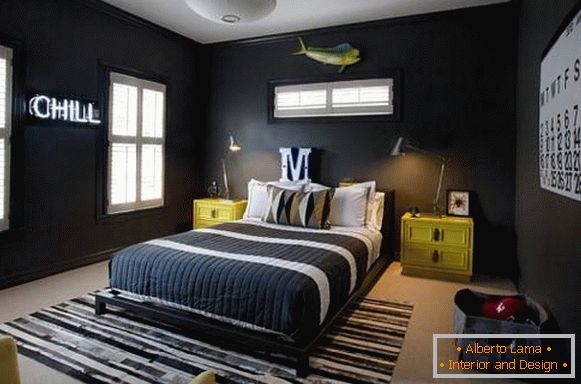 Black wallpaper for a bedroom in a modern style