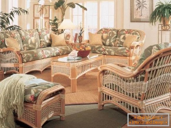 Design of the living room with wicker furniture