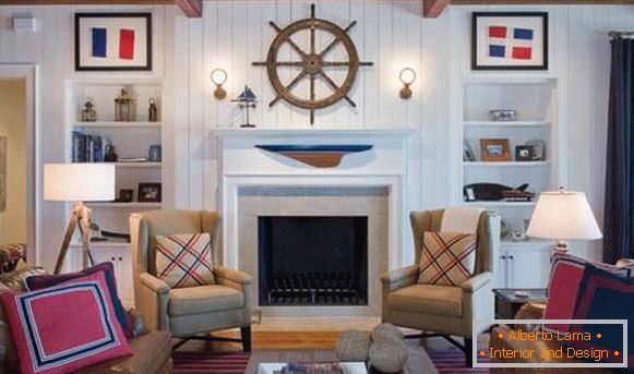 Design of a living room in a marine style and colors