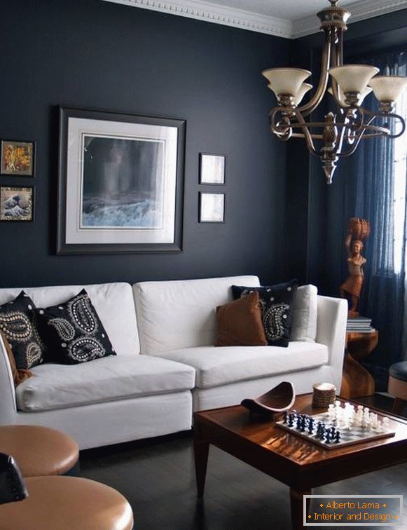 Dark walls and white sofa in the living room