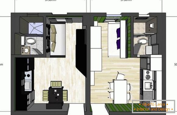 The layout of the neighboring one-room apartments