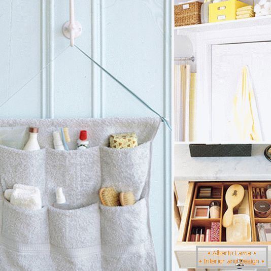 Pockets and compartments for small things in the bathroom