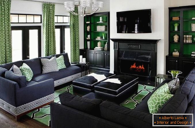 Living room in a dark green color