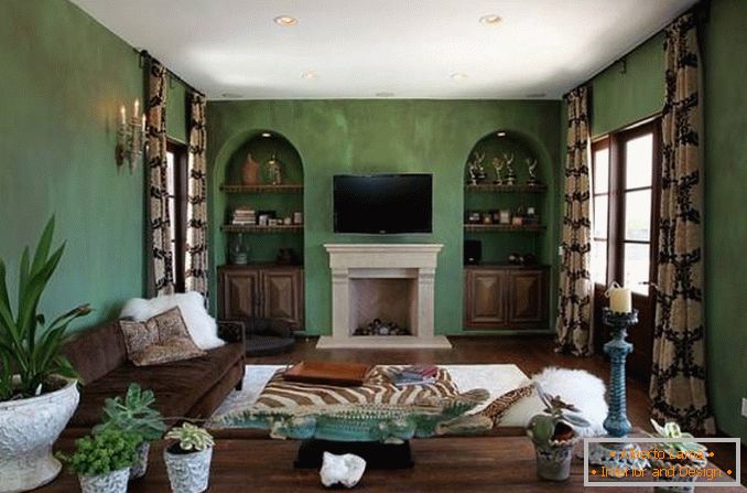 Living room in green and brown color