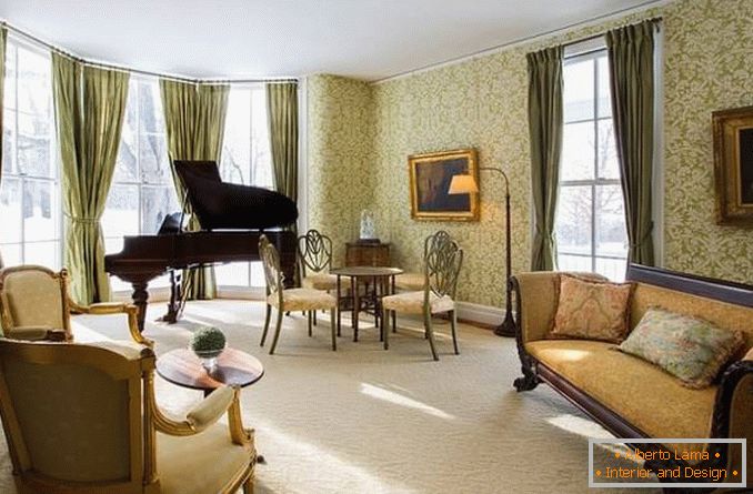 Green curtains and wallpaper in the design of the living room