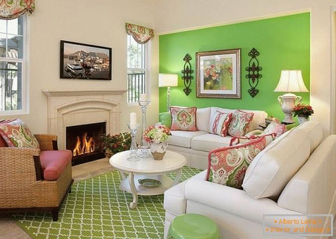 The combination of green and red in the interior design