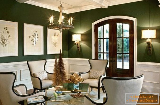 Design of the living room in green and white