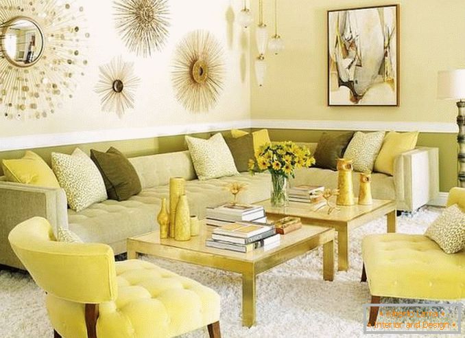 Modern living room in yellow and green