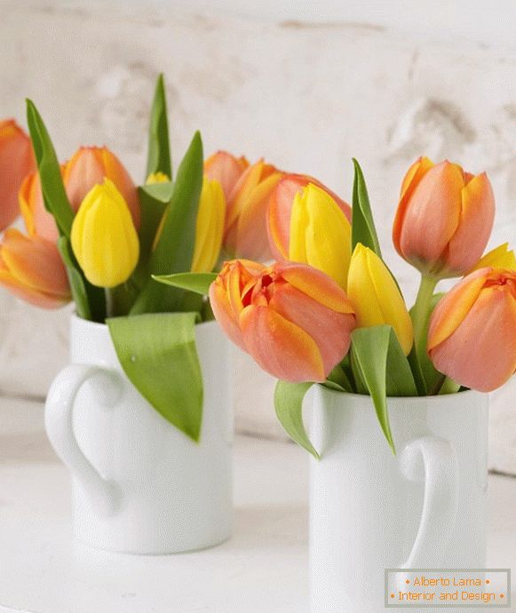Tulips in white cups