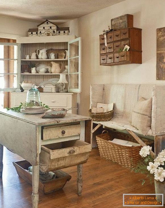 Beautiful bench in the interior of the kitchen in the style of the cheby-chic