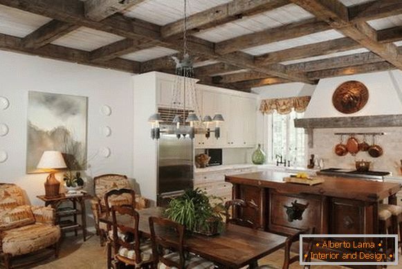 Richly furnished kitchen in a rustic style
