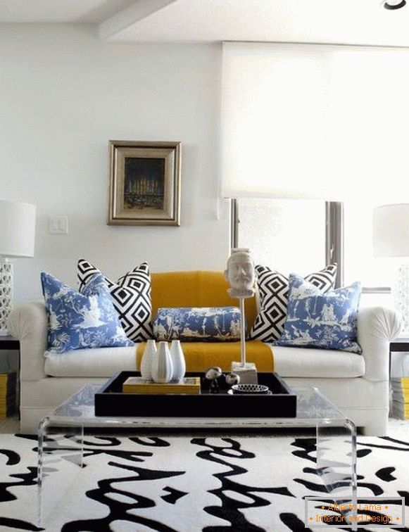 Black and white decor in bright living room