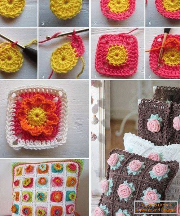 Step-by-step instruction on how to make knitted cushions on a crocheted sofa