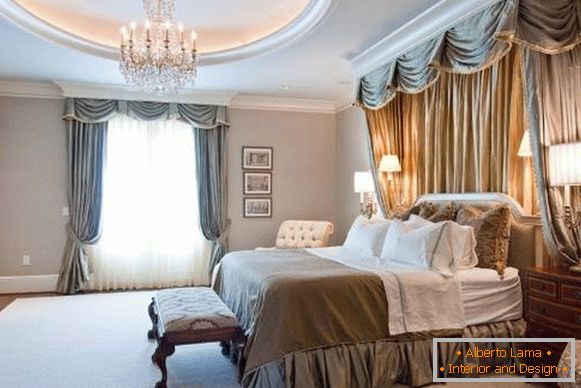 Beautiful curtains and a canopy in the bedroom in a classic style