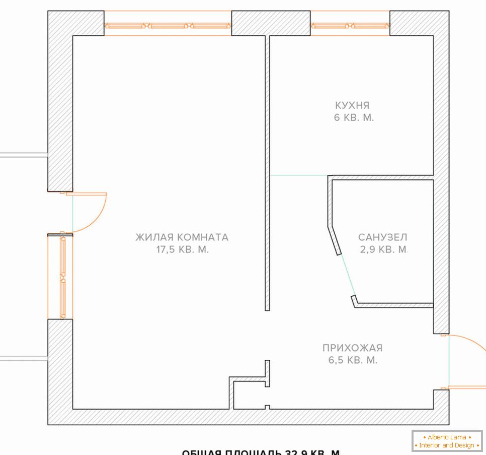 Scheme of replanning a one-room apartment