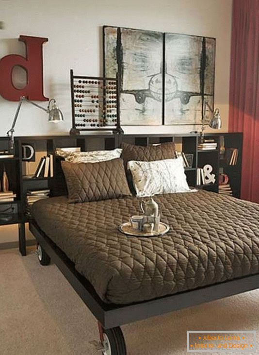 Unusual bedroom design with stylish shelves