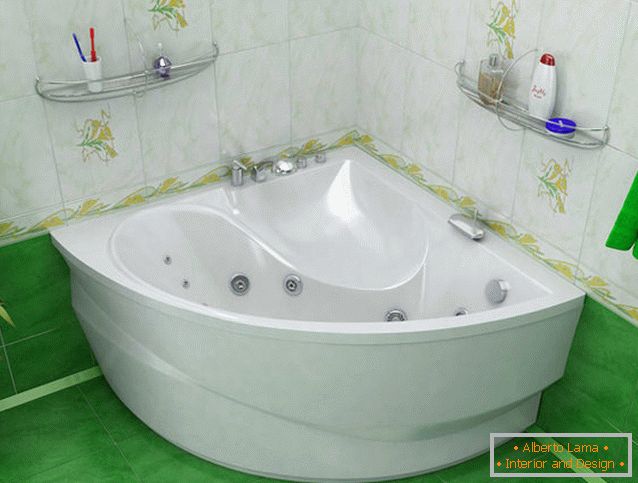 Snow-white corner bath on a background of green tile