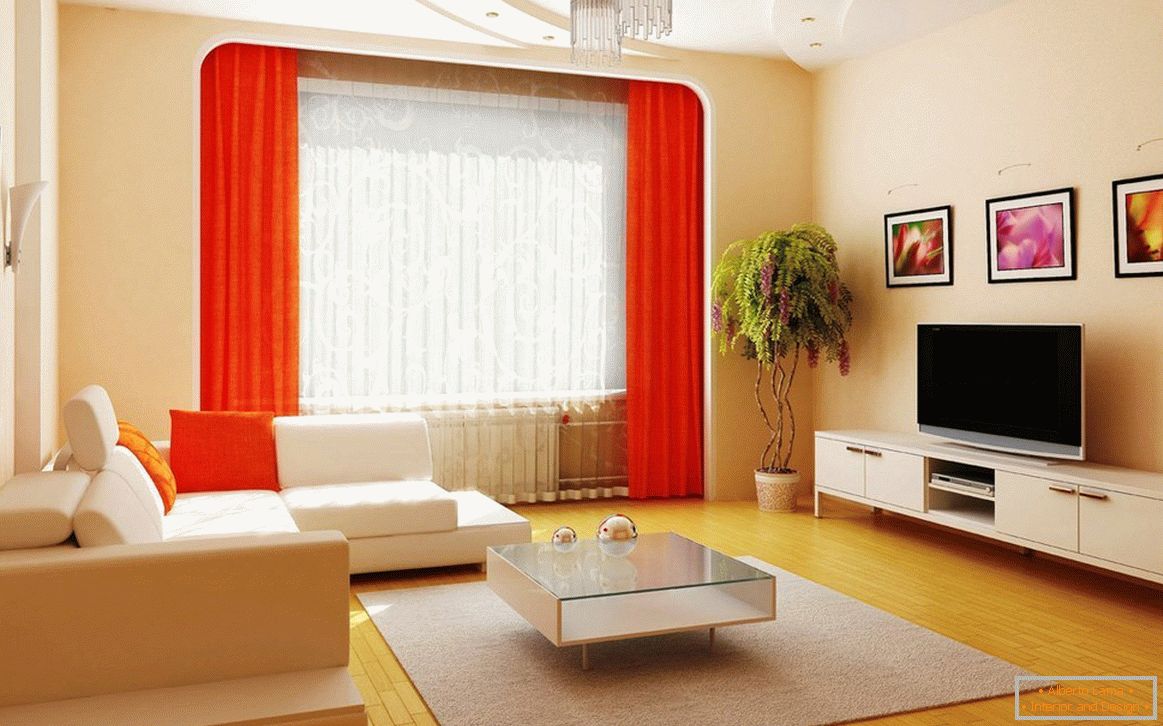 Red curtains in the living room