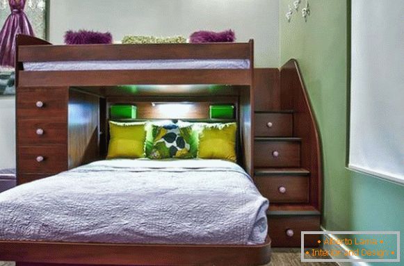 Two-level bed with built-in cupboards