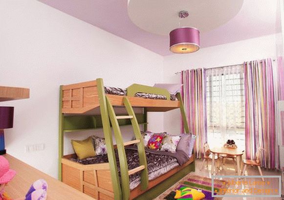 Two-level bed in a nursery for girls