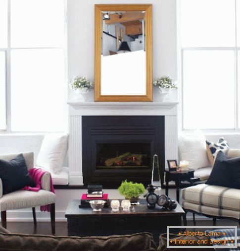 Interior of living room with fireplace