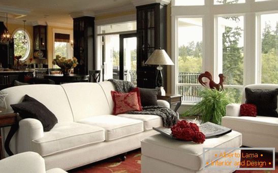 Black and red accents in the white living room