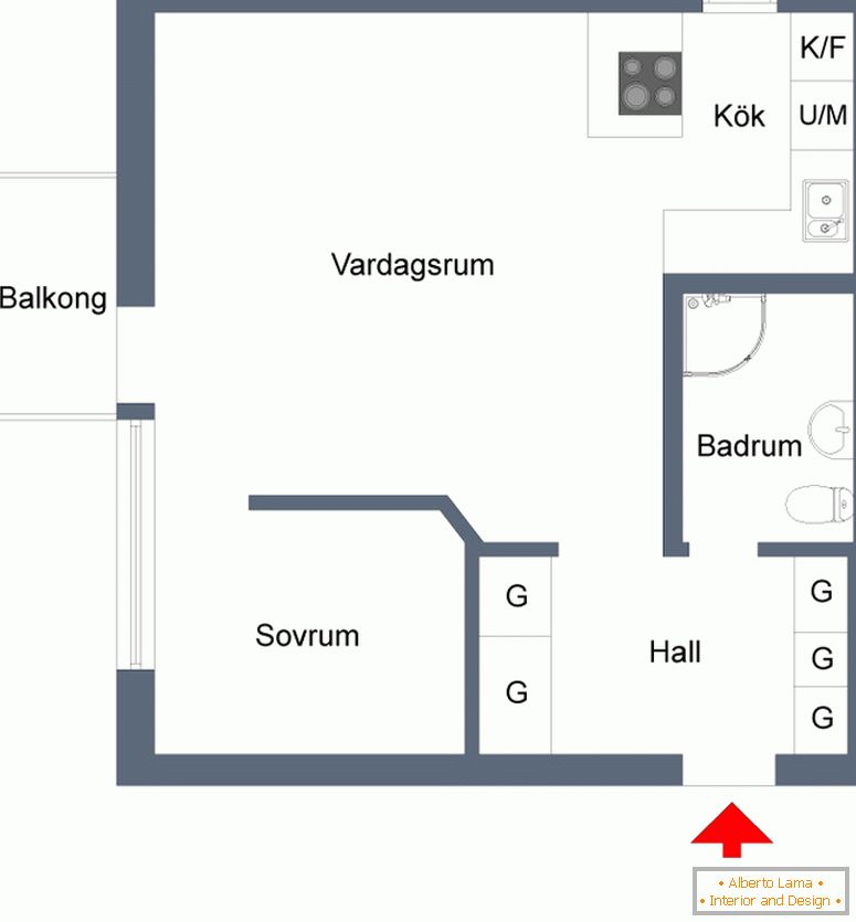 The plan of a small stylish apartment