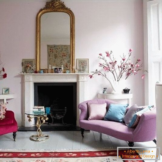 Romantic design of the living room in red and purple tones