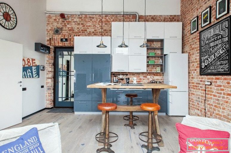 Brick wall in the kitchen in the loft style