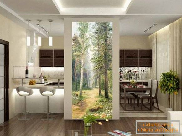 Beautiful wall-papers in the interior of the kitchen - forest, nature