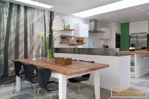 Modern kitchen design with photo wallpaper