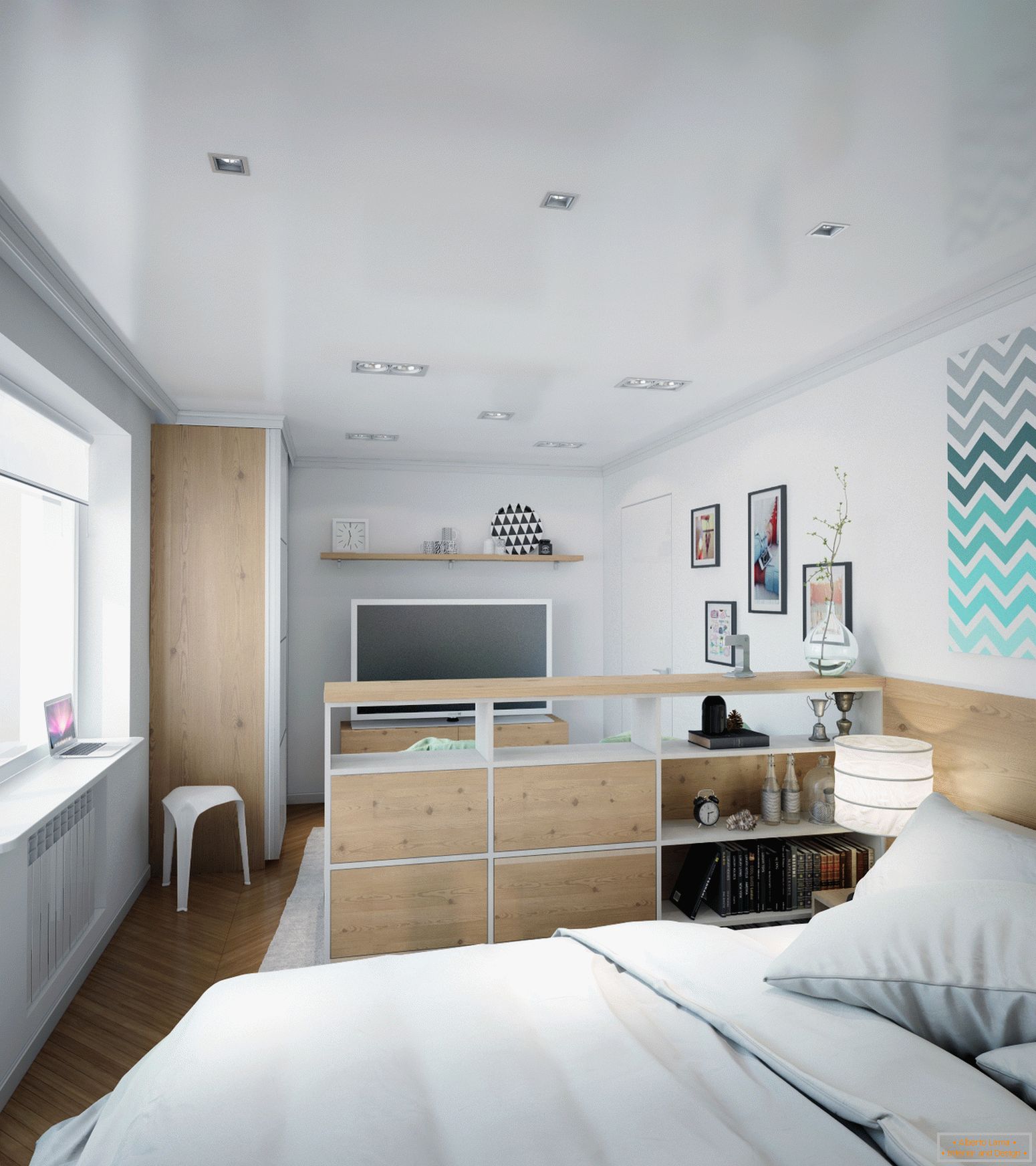 Example of interior design of a small bedroom in the photo